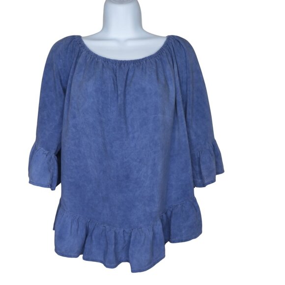 Vintage Toska Womens Blue Rayon Ruffle Hem Peasant Blouse Top Medium Made in USA - Picture 1 of 10